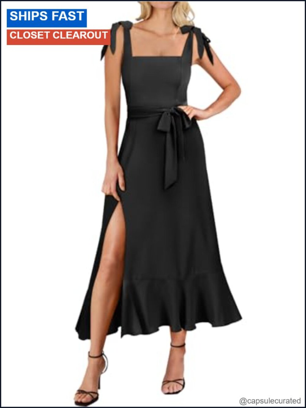 Square Neck Ruffle Split Midi Dress Sleeveless Formal Wedding Guest